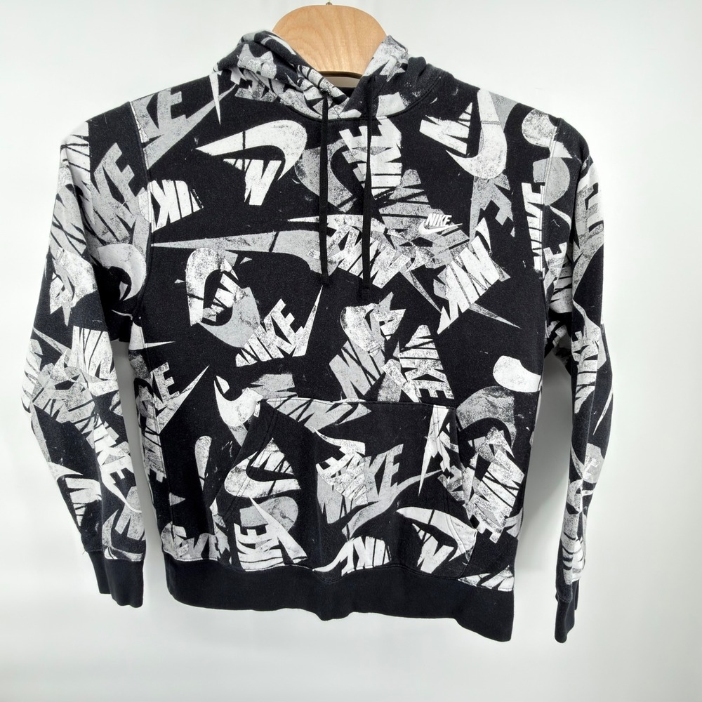 Nike Hoodie Mens L Black White All Over Print Logo Pullover Fleece Sweatshirt